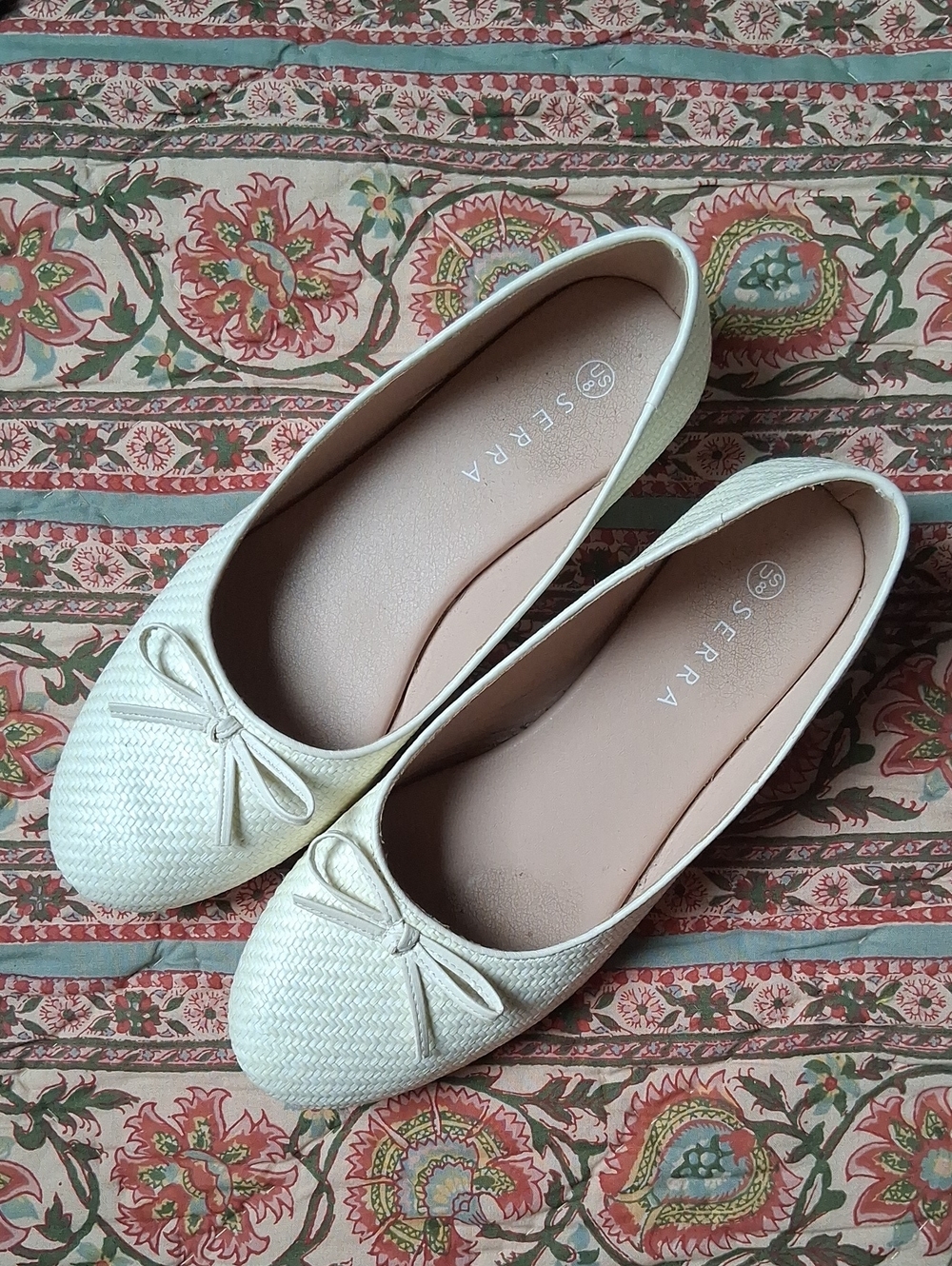 SERRA Cream Woven Ballet Flats with Bow Accent